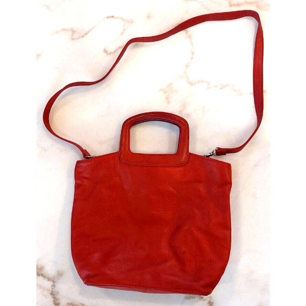Fossil Womens Rachel Handbag Red Leather Floral Snap Tooled Dual Handle Medium